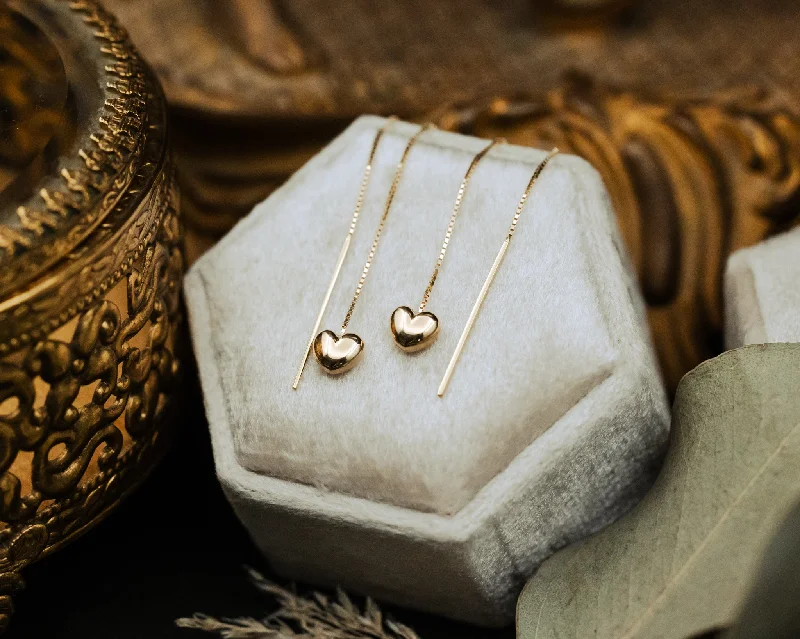 Best hoop earrings with snake-inspired designs for an edgy and fierce vibe-PUFFY HEART THREADER EARRINGS IN 14K YELLOW GOLD