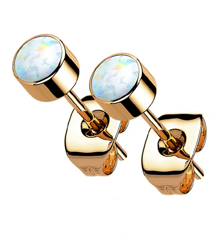 Hoop earrings with polished metal for a shiny and high-quality finish-Rose Gold PVD White Opal Titanium Bezel Earrings