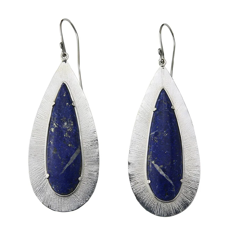 Hoop earrings with polished metal for a shiny and high-quality finish-Score Blue Lapis Lazuli Stone White Brass Hangers / Earrings