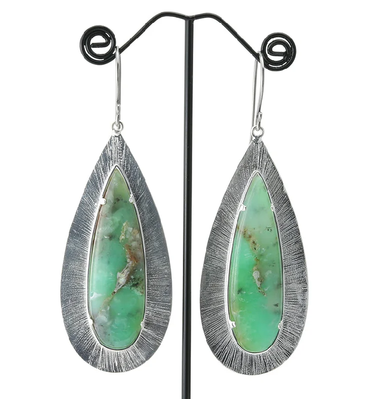 Best hoop earrings with custom engravings for a personalized and meaningful gift-Score Chrysoprase Stone White Brass Hangers / Earrings