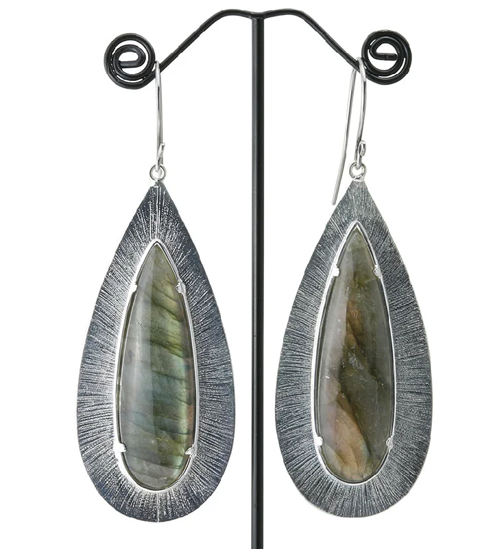 Hoop earrings with multi-tone finishes for a colorful and layered effect-Score Labradorite Stone White Brass Hangers / Earrings