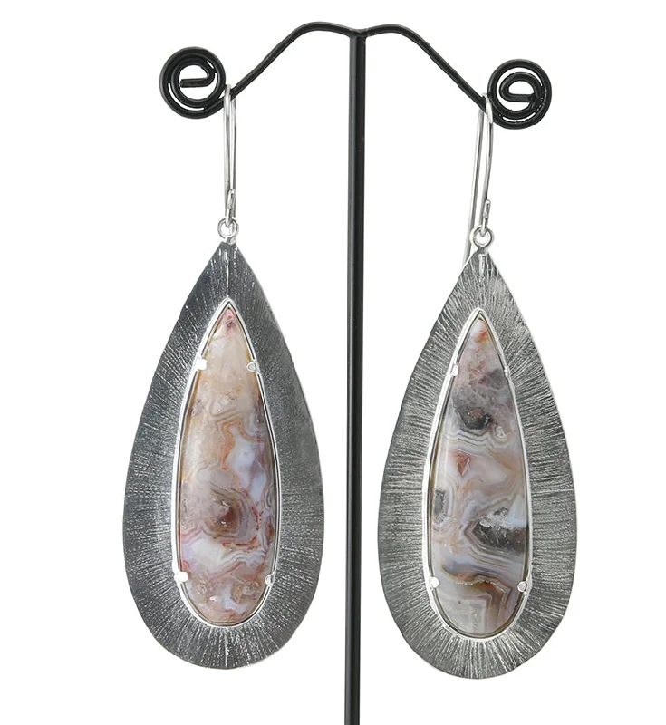 Hoop earrings with a matte black finish for a sleek, edgy vibe-Score Laguna Lace Agate Stone White Brass Hangers / Earrings