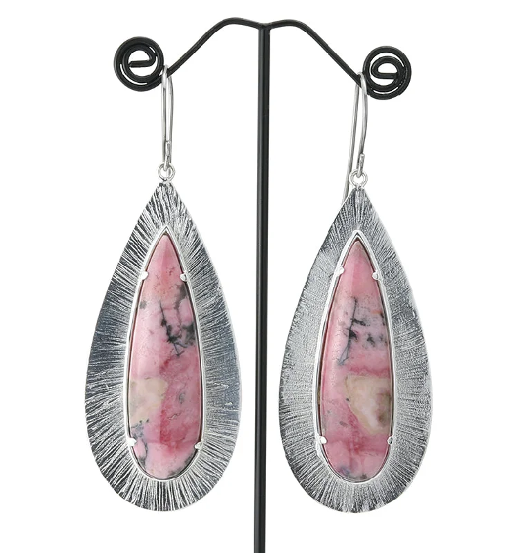 Hoop earrings with hearts for a sweet and romantic gesture-Score Rhodonite Stone White Brass Hangers / Earrings