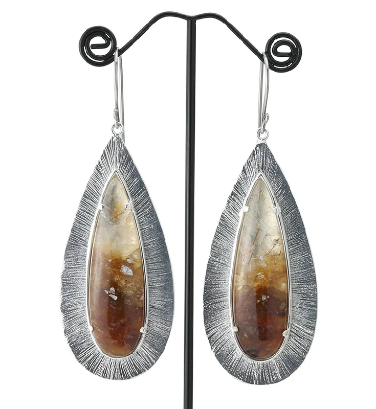 Hoop earrings with removable pendants for a versatile and customizable accessory-Score Rutilated Quartz Stone White Brass Hangers / Earrings