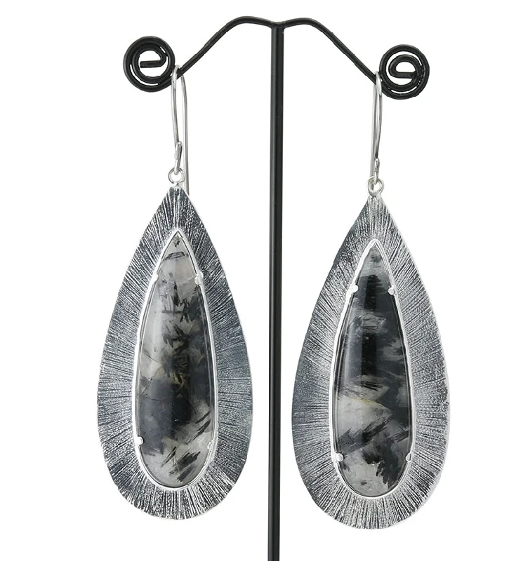 Best hoop earrings with vintage-style detailing for a nostalgic and timeless look-Score Tourmalated Quartz Stone White Brass Hangers / Earrings