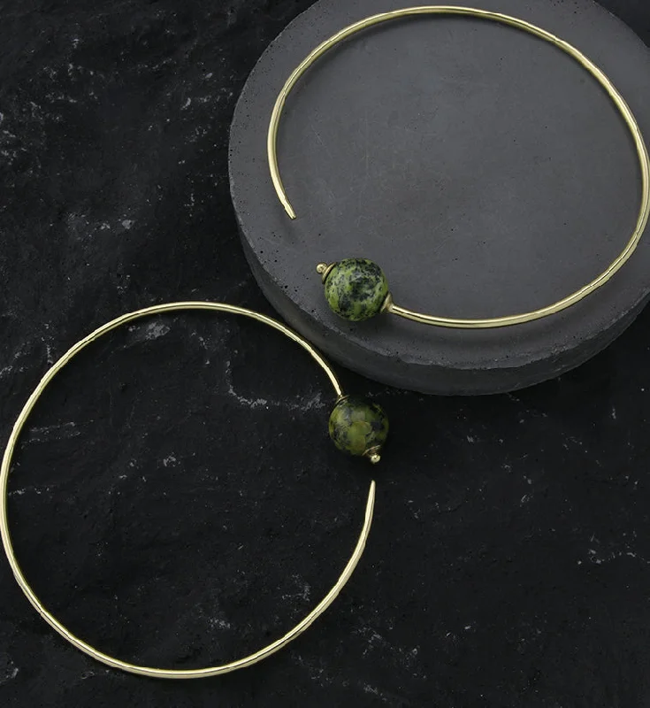 Best hoop earrings with marbled designs for a trendy and artistic effect-Serpentine Stone Orb Brass Hangers / Plug Hoops