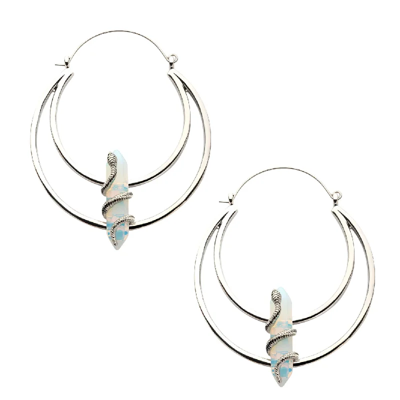 Hoop earrings with open designs for a modern, lighthearted vibe-Snake Wrapped White Opalite Stainless Steel Plug Hoops