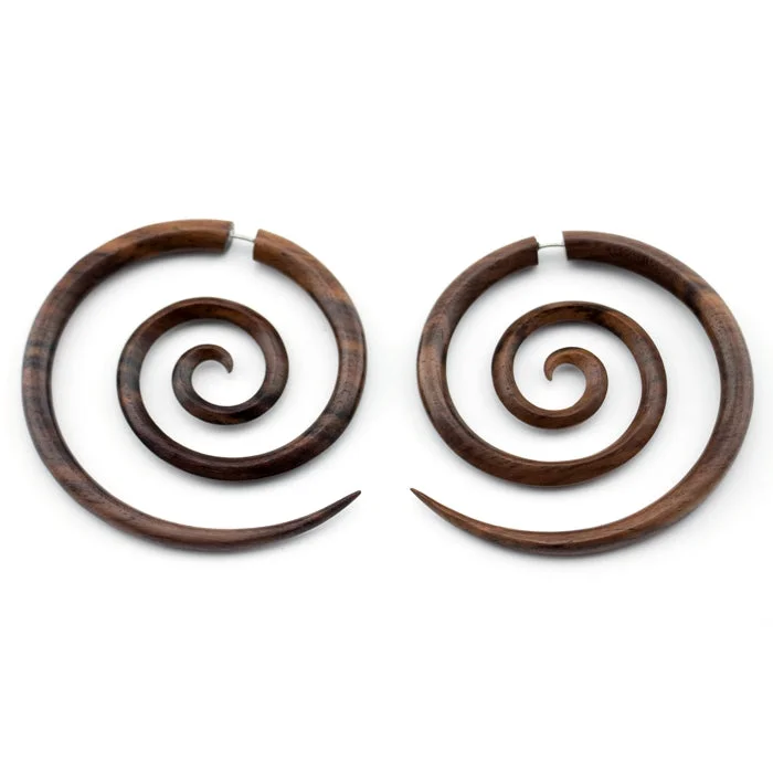 Best hoop earrings with oval shapes for a unique and elongated design-Areng Wood Fake Gauge Large Spirals Tribal Earrings