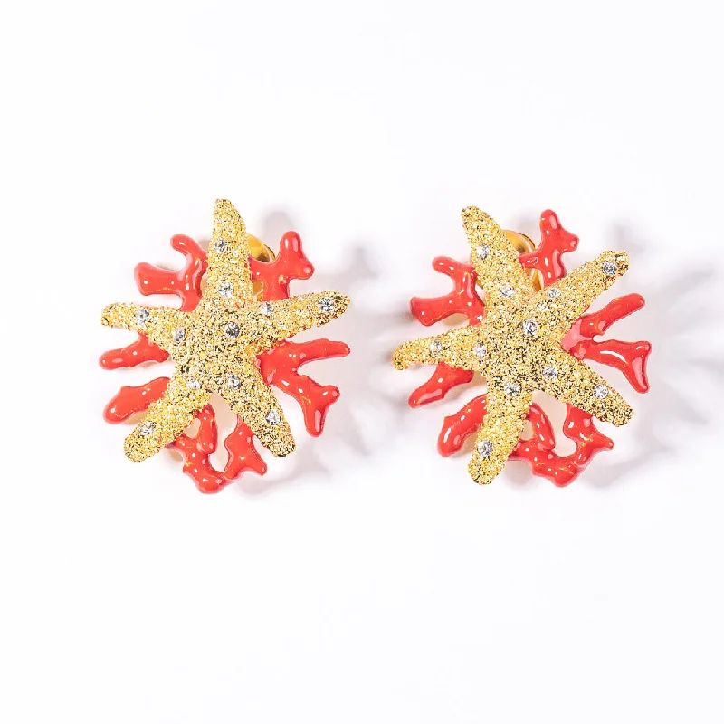 Best hoop earrings with turquoise stones for a bohemian-inspired vibe-Starfish and Dark Coral Enamel Branch Earring