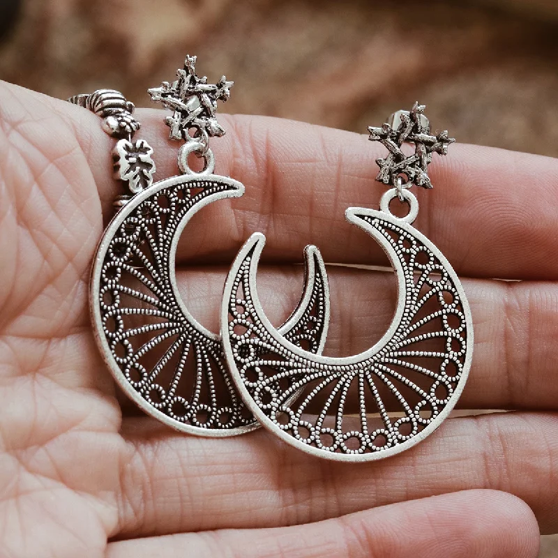 Best hoop earrings with delicate chain details for a trendy and stylish design-Thorn Pentagram & Crescent Moon Studs