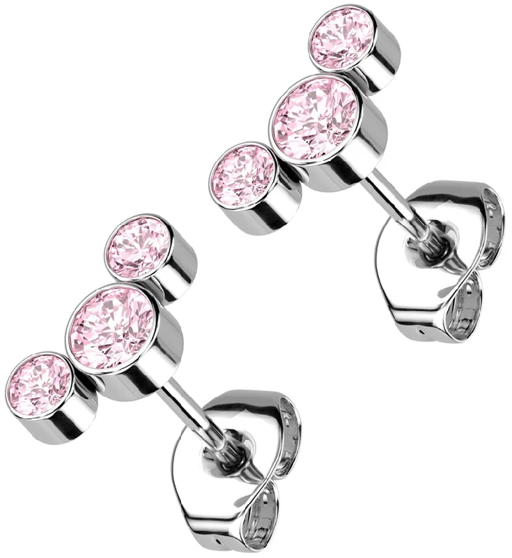 Hoop earrings with faceted crystals for added sparkle and shine-Triple Pink CZ Titanium Threadless Earrings