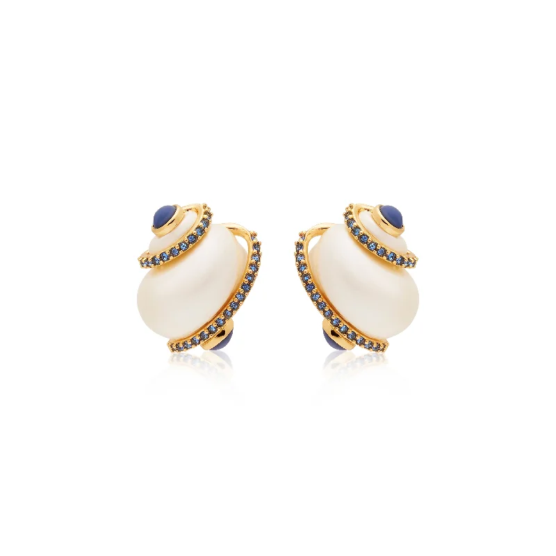 Best hoop earrings with rose gold for a romantic and warm aesthetic-Sapphire Tip Pearl Shell Pierced Earrings