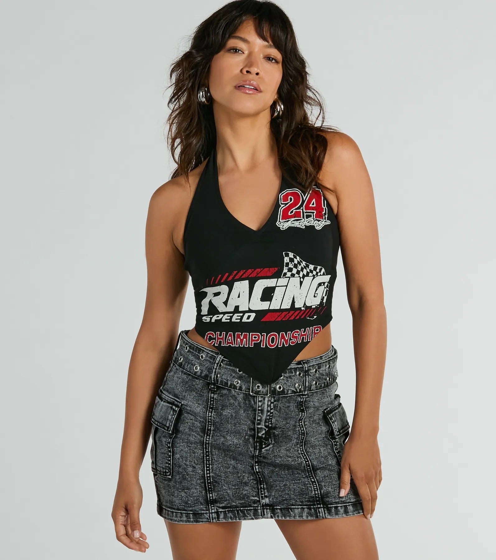 Elegant necklaces and pendants with onyx stones for a sleek, polished look-Championship Racing Halter Graphic Crop Top