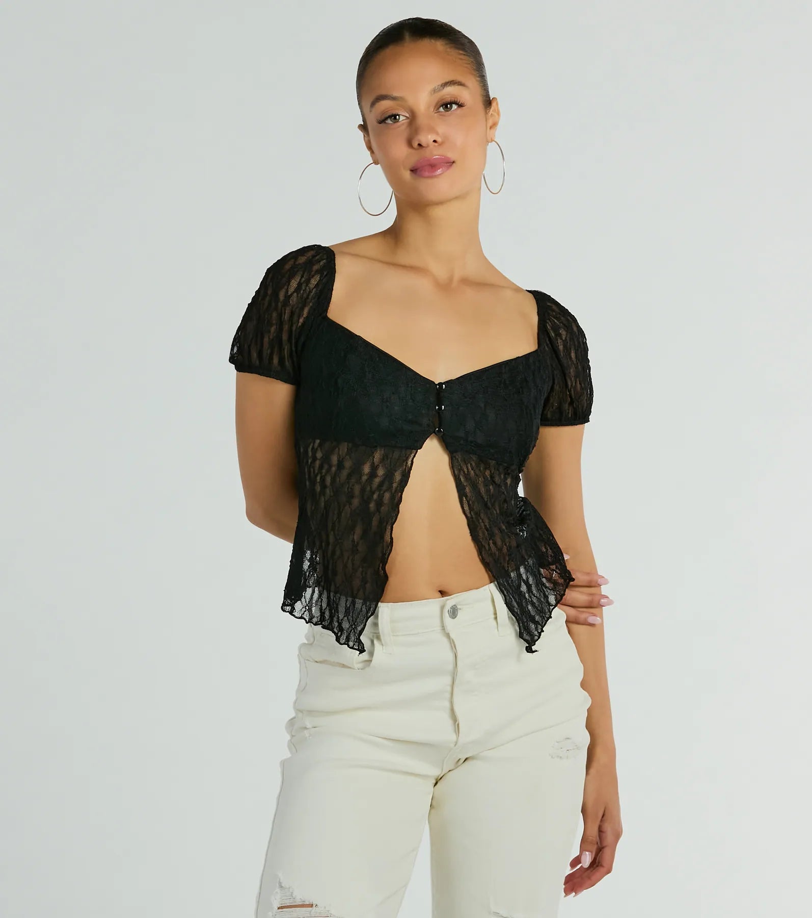 Best necklaces and pendants with statement designs for a fashionable accessory-Charm Me Puff Sleeve Lace Crop Top