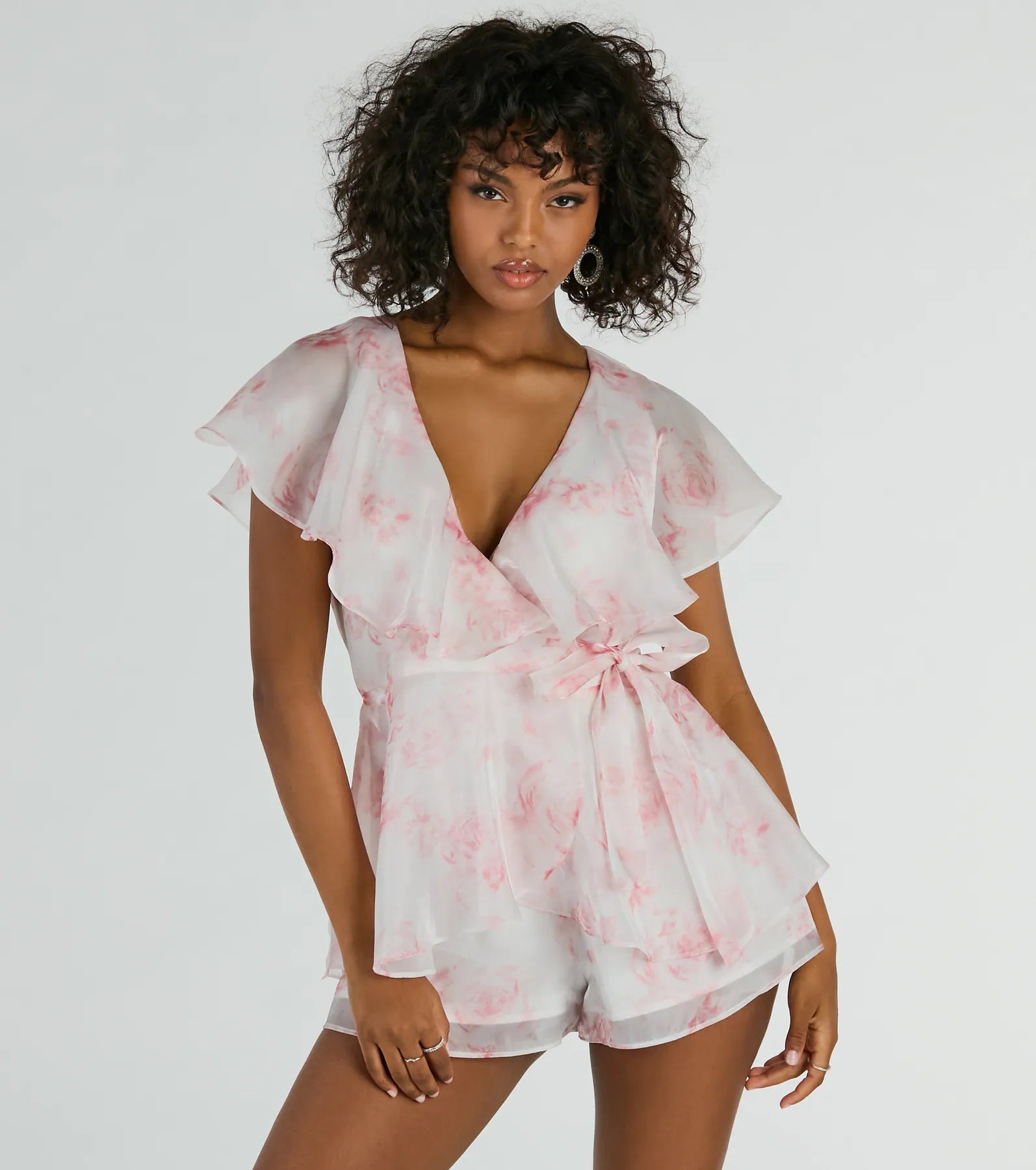 Necklaces and pendants with crescent moon designs for a celestial and mystical feel-Dreamy Escape Ruffled Rose Floral Organza Romper