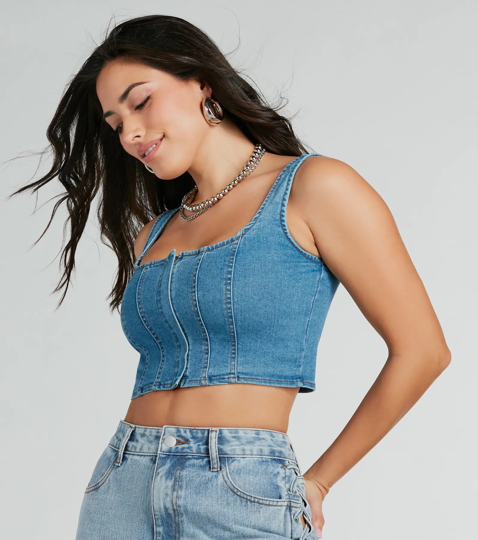 Best necklaces and pendants with opal gemstones for an iridescent glow-Got The Blues Sleeveless Denim Corset Top