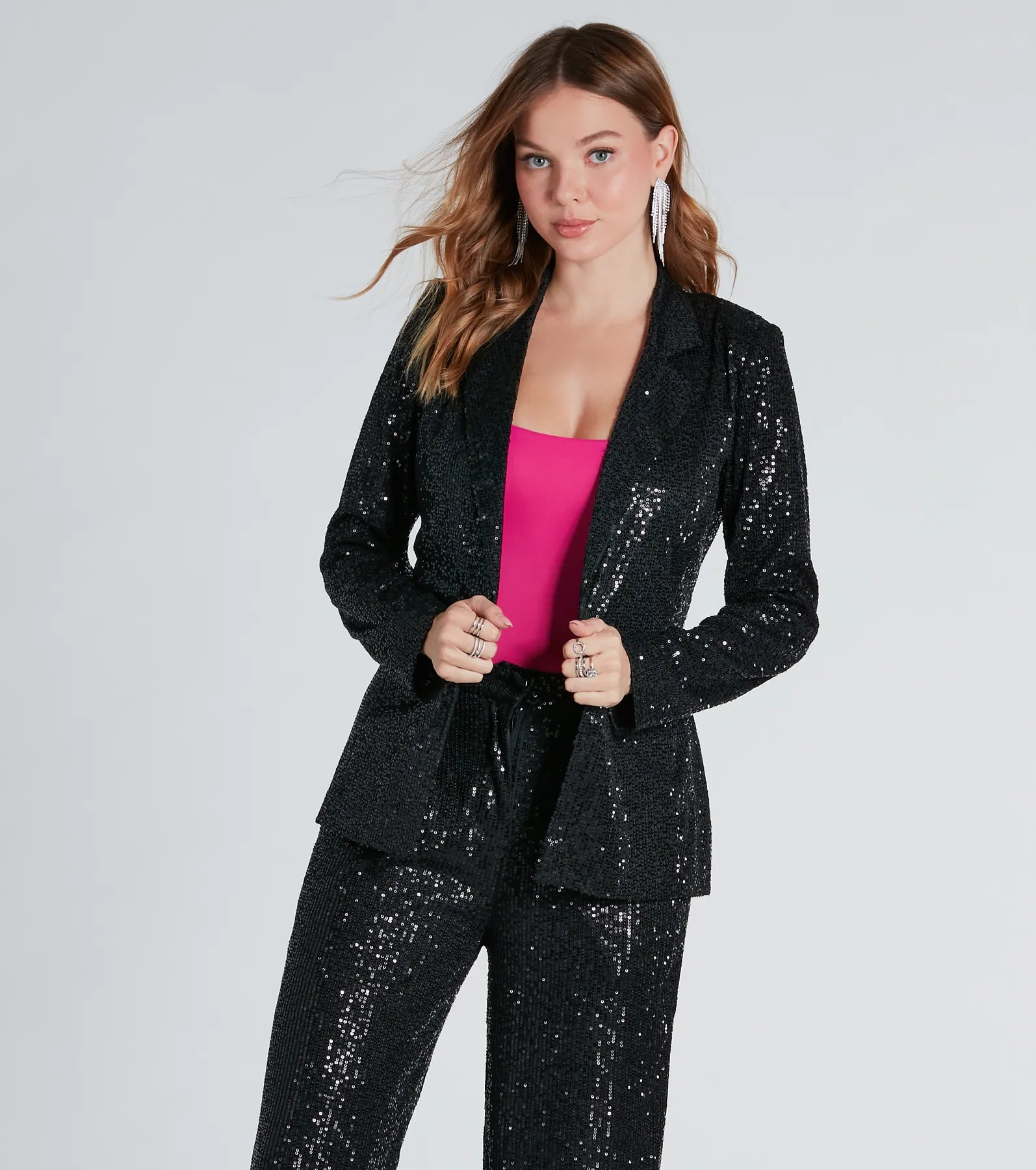 Necklaces and pendants with diamond pendants for a luxurious sparkling effect-Night Cocktails Sequin Tie-Waist Blazer