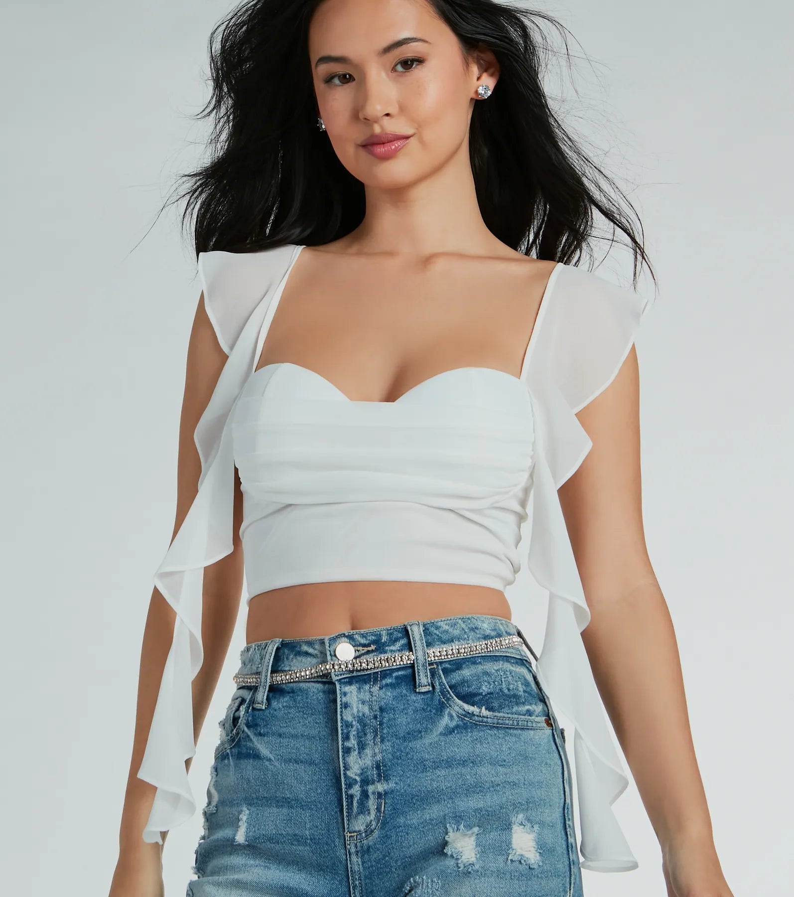 Necklaces and pendants with matching rings for a coordinated set of jewelry-Sweetest Look Ruched And Ruffled Chiffon Crop Top