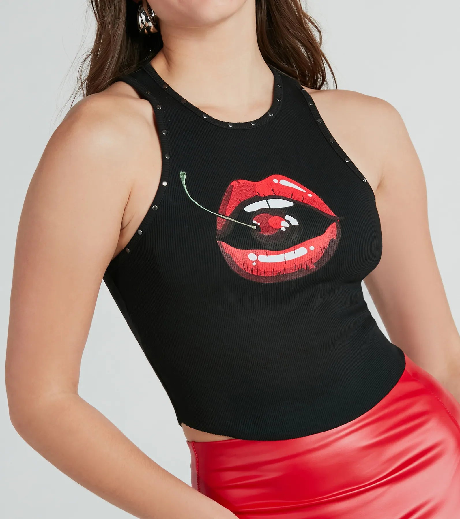 Necklaces and pendants with angel wing motifs for a spiritual, meaningful design-Take A Bite Stud Lips And Cherry Graphic Tank Top