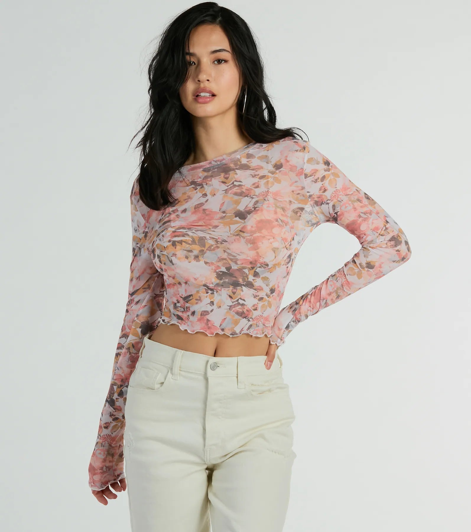 Necklaces and pendants with star-shaped designs for a whimsical, celestial touch-Wild Flowers Long Sleeve Floral Mesh Crop Top